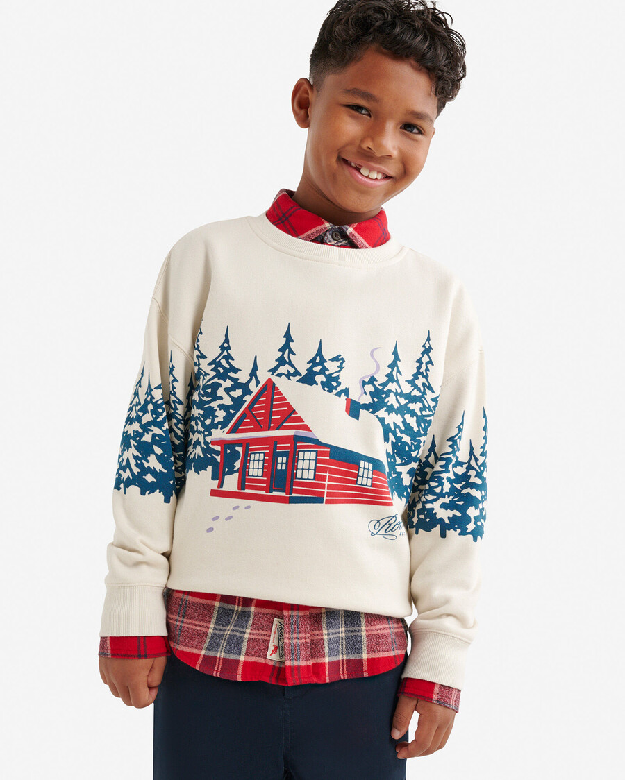 sudadera con capucha y paisaje de cabaña para niños